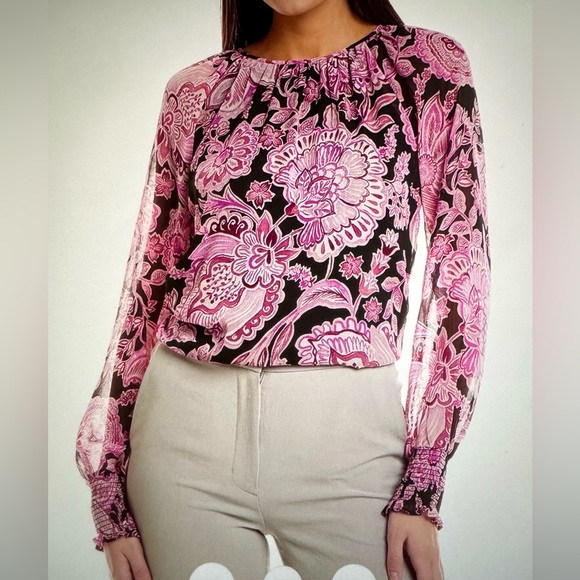 NWT CeCe Pink and Black Long Sleeve Blouse Size Medium - Picture 1 of 4